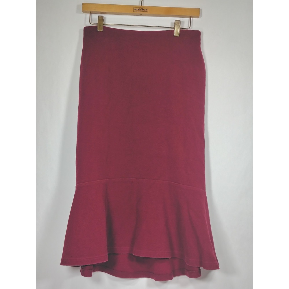 Uniqlo Burgundy Red Mermaid Midi Skirt Ruffle Hem Knit Pockets Size M 241-405426